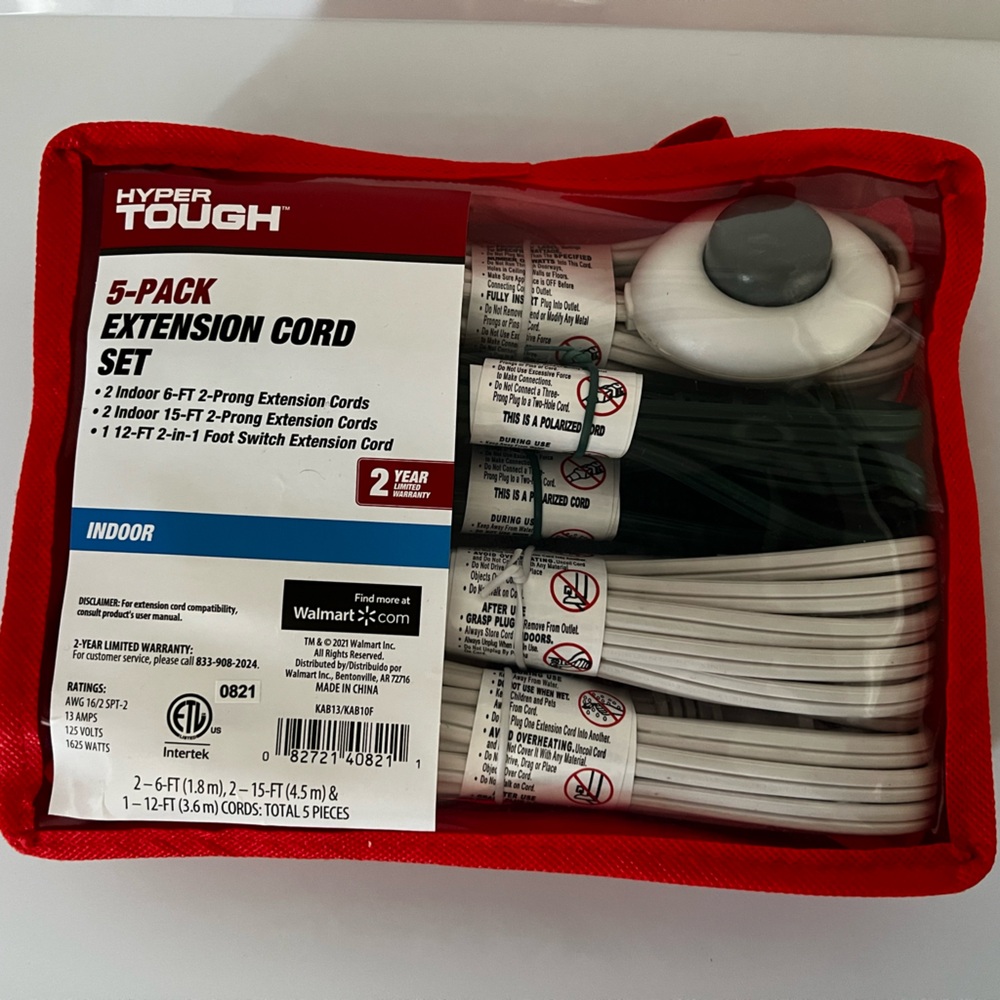 Hyper Tough 5-PACK EXTENSION CORD SET - Indoor - Zipper Case - New